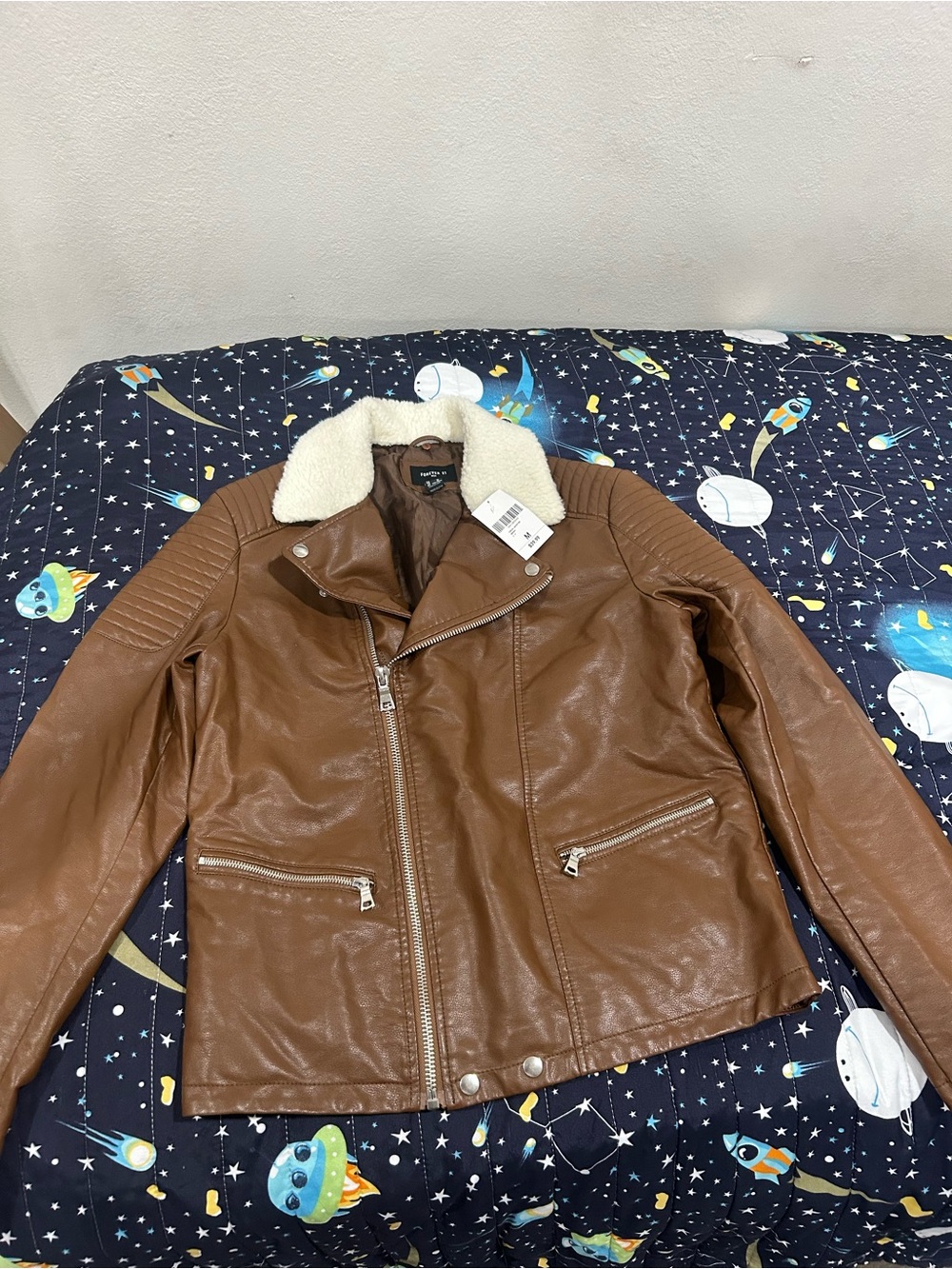 Forever 21 Brown Faux Leather Bomber Jacket with Cream Sherpa Collar